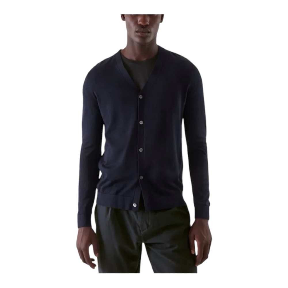COS Men's Silk Cotton Blend V Neck Cardigan Navy Blue Modern Sz EU Med/Lg.